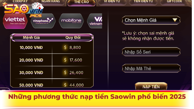 Những phương thức nạp tiền Saowin phổ biến 2025